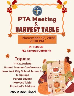 PTA Meeting & Harvest Table Event on November 17th at 6:00 pm