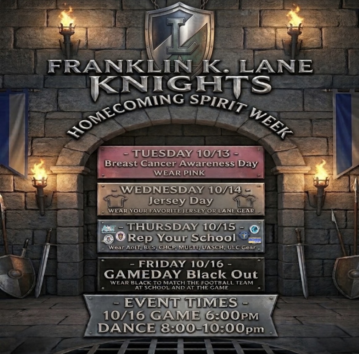 Franklin K. Lane Knights Homecoming Spirit Week Announcement